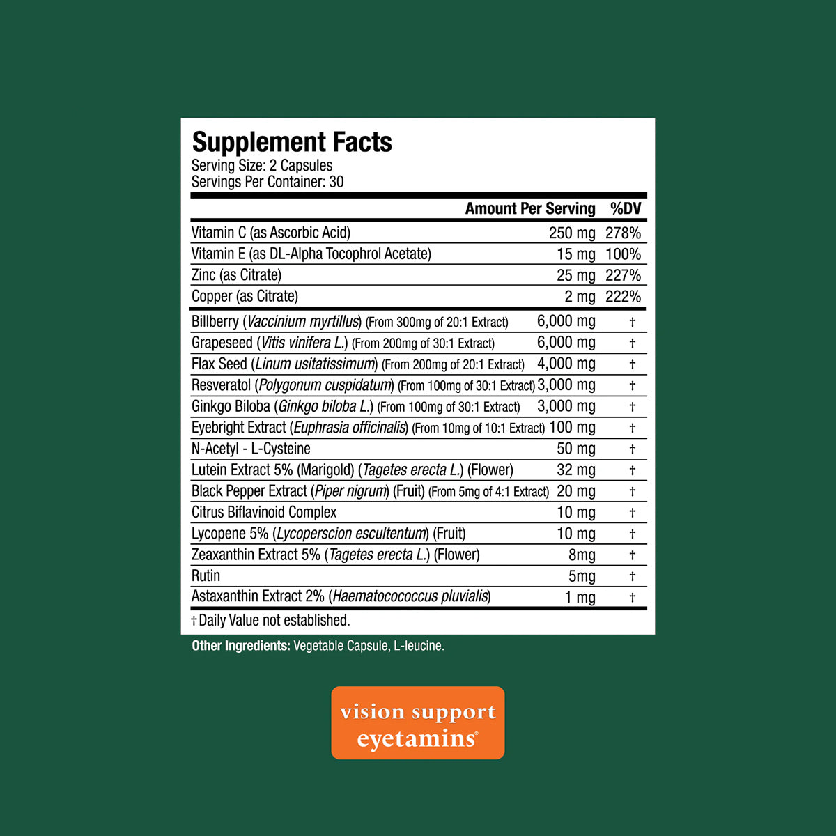 The Eyetamins Vision Support label features ingredients for Age-Related Macular Degeneration, including Lutein, Zeaxanthin, and vitamins C and E. The logo in a green box emphasizes Bilberry and Grape Seed extracts.