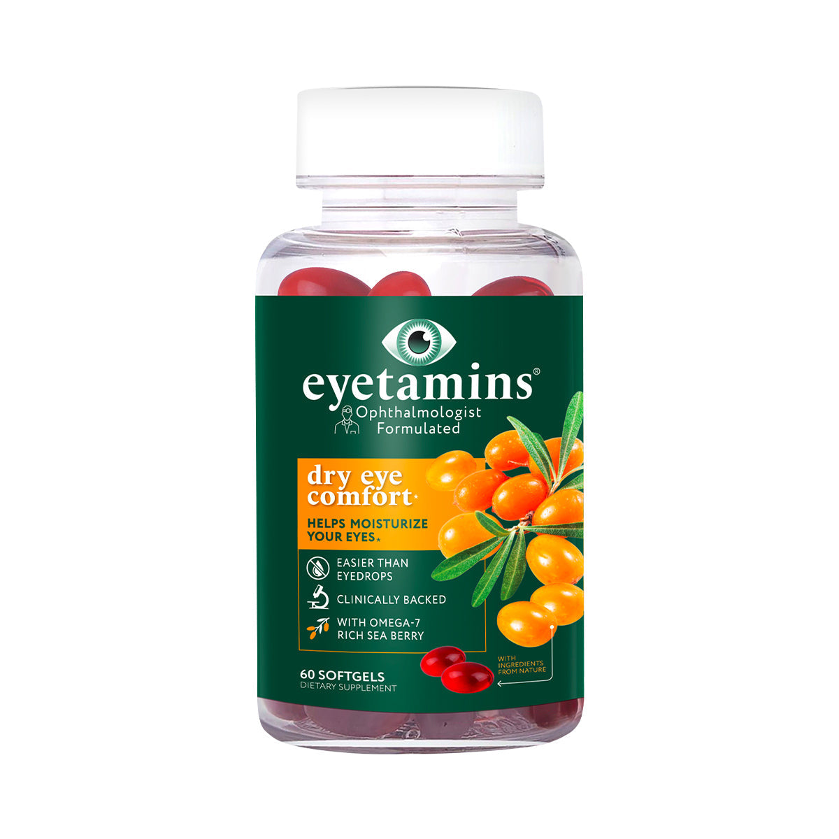 A bottle of Eyetamins Dry Eye Comfort features a green label with orange text and sea berry images. This eye care supplement promises dry eye relief with an ophthalmologist-formulated, vegan omega 3 blend, and contains 60 softgels.