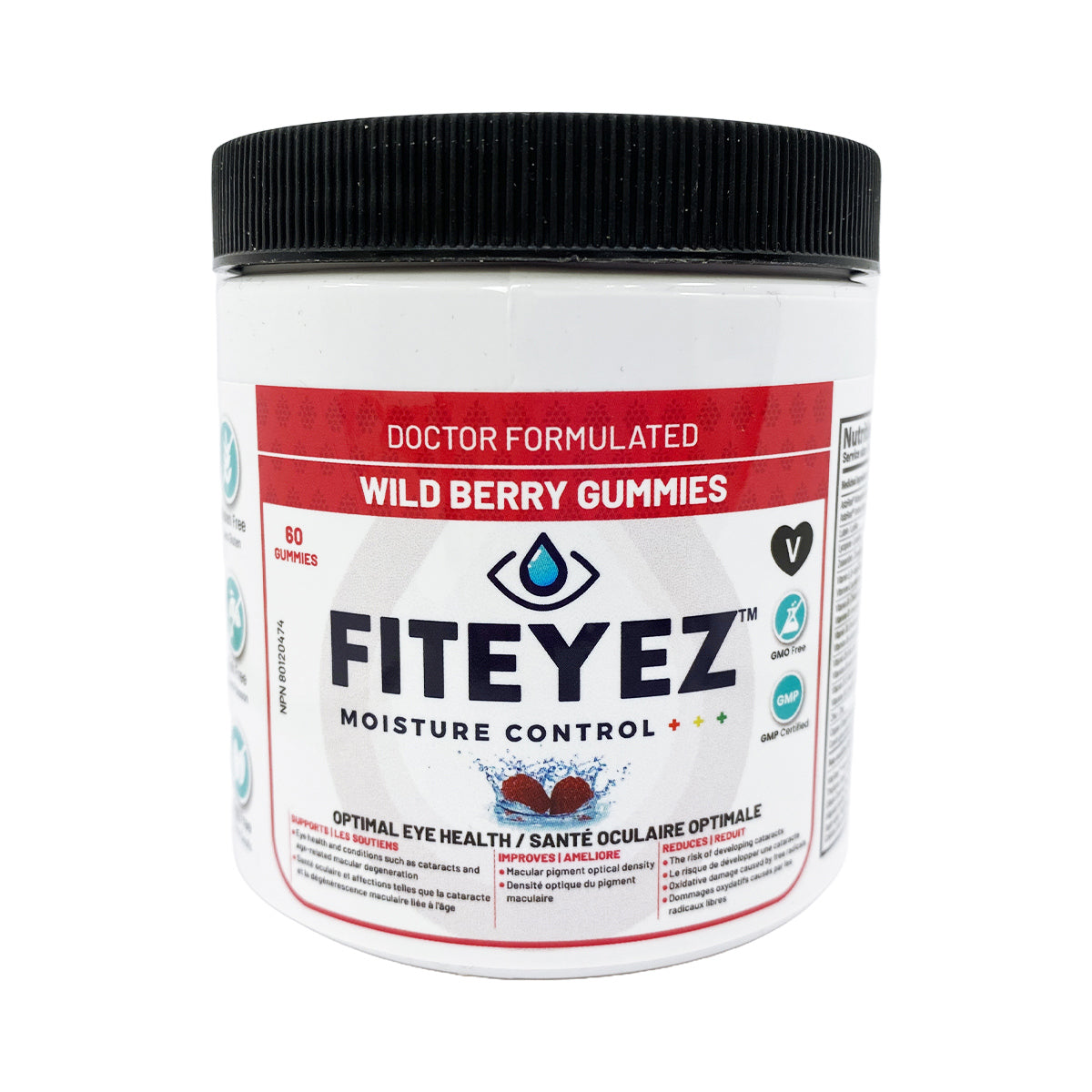 The image shows a white jar with a black lid labeled FitEyez. These doctor-formulated Wild Berry Eye Fitness Gummies contain 60 gummies, supporting eye health for moisture control and optimal fitness.