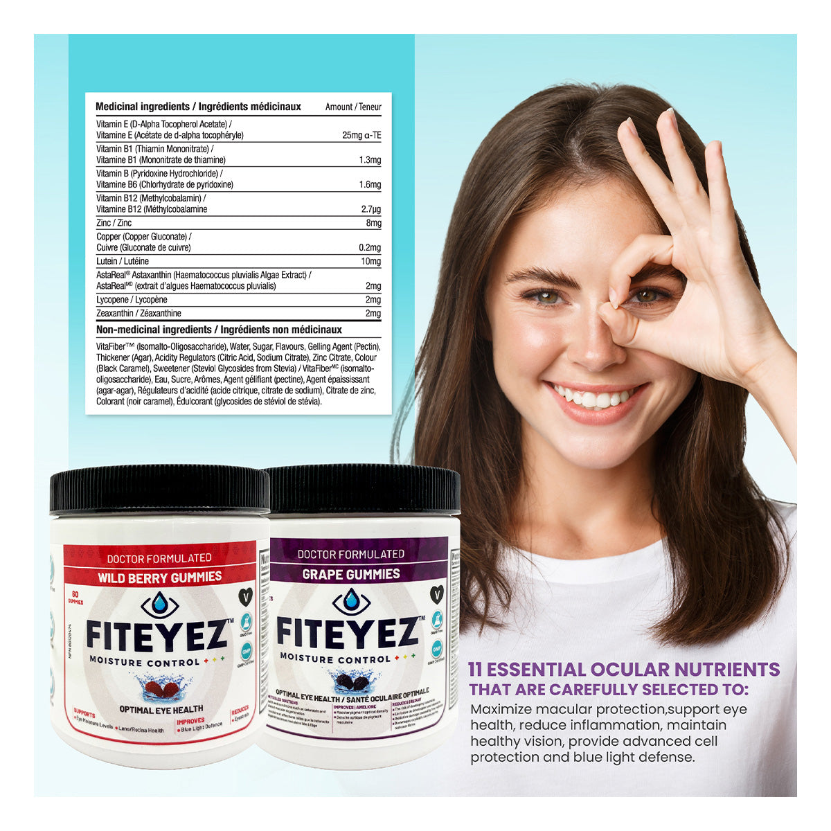 A woman smiles while pointing to her eye, displaying two FitEyez Eye Fitness Gummies containers labeled Wild Berry and Grape. The text highlights 11 key eye health nutrients, enhancing Eye Fitness. An ingredient list is positioned neatly in the top left corner.