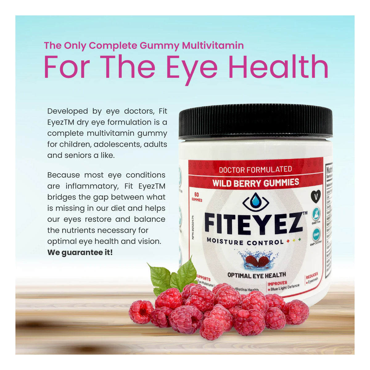 Discover FitEyez Eye Fitness Gummies, a complete multivitamin for your eyes with a delicious wild berry flavor. Developed by eye doctors, these gummies provide essential nutrients to enhance your vision, supporting your Eye Fitness journey in every serving.