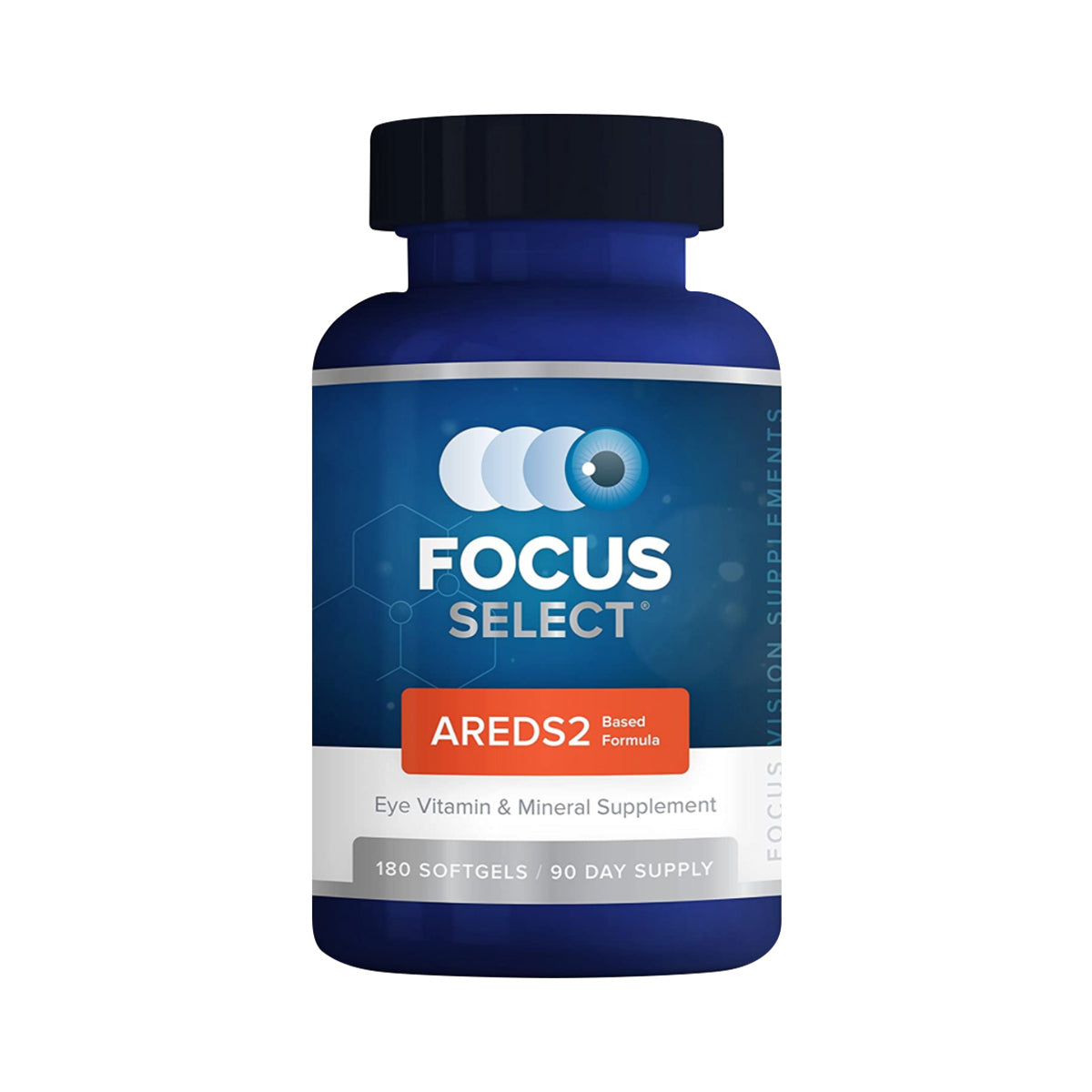 A dark blue bottle from Focus Vitamins, labeled Focus Select Supplement, features a light orange band reading AREDS2 Based Formula. It supports eye nutrition and macular health with 180 softgels, offering a 90-day supply.