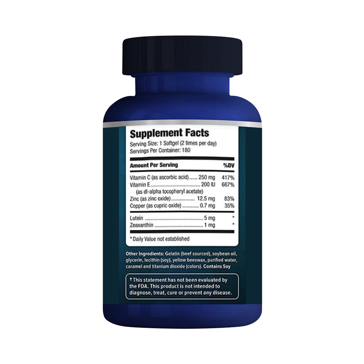 The Focus Select Supplement by Focus Vitamins, in a blue bottle with a white label, features an AREDS2 formula for macular health. It contains vitamins C and E, zinc, copper, lutein, and zeaxanthin. The bottle has 180 softgels with a serving size of 1 softgel twice daily.