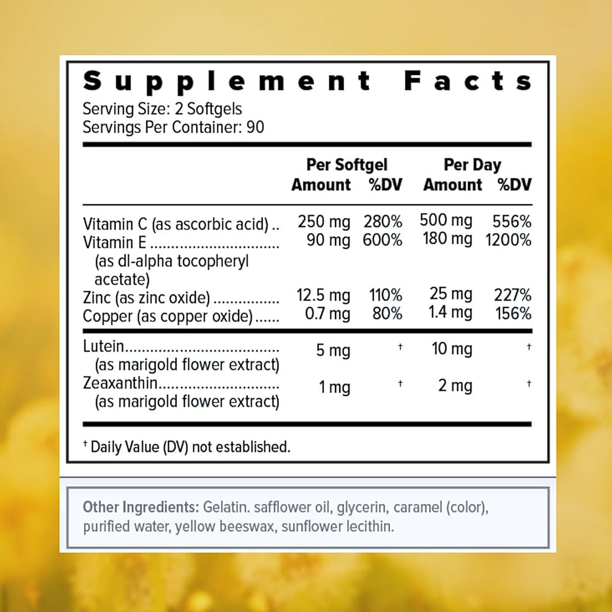 The yellow floral supplement facts label lists nutrients like Vitamin C, E, Zinc, Copper, Lutein, and Zeaxanthin with their amounts per serving and %DV. This soy-free AREDS2 formula from Focus Vitamins includes gelatin and safflower oil to support macular health.