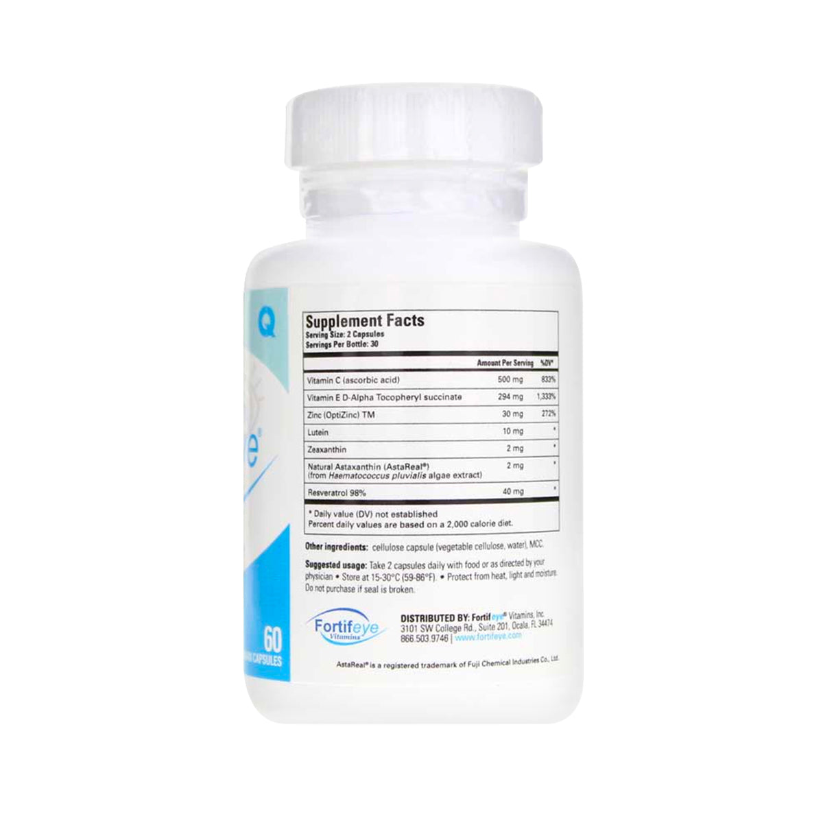 A white plastic bottle labeled Supplement Facts lists ingredients Vitamin C, Vitamin E, Zinc, Astaxanthin, and Lutein—key components of Fortifeye Advanced Retina Formula. Distributed by Fortifeye, it supports macular degeneration health and contains 60 capsules.