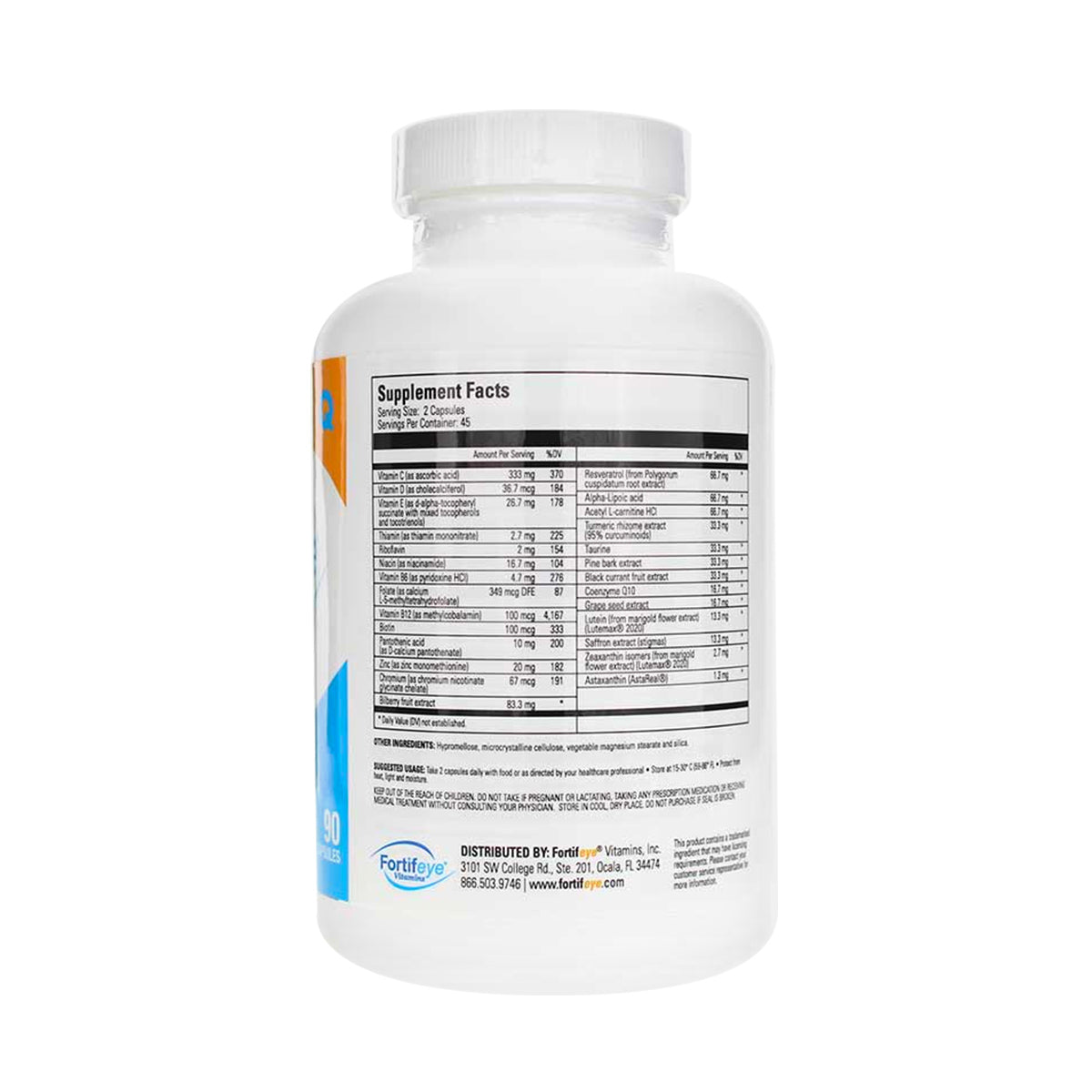 A white bottle of Fortifeye Next Gen Complete (90ct - 3 Month Supply) dietary supplements is shown with a white cap. The label lists supplement facts in black, features the Fortifeye logo and distribution details, and offers exceptional nutritional support for enhanced ocular health.