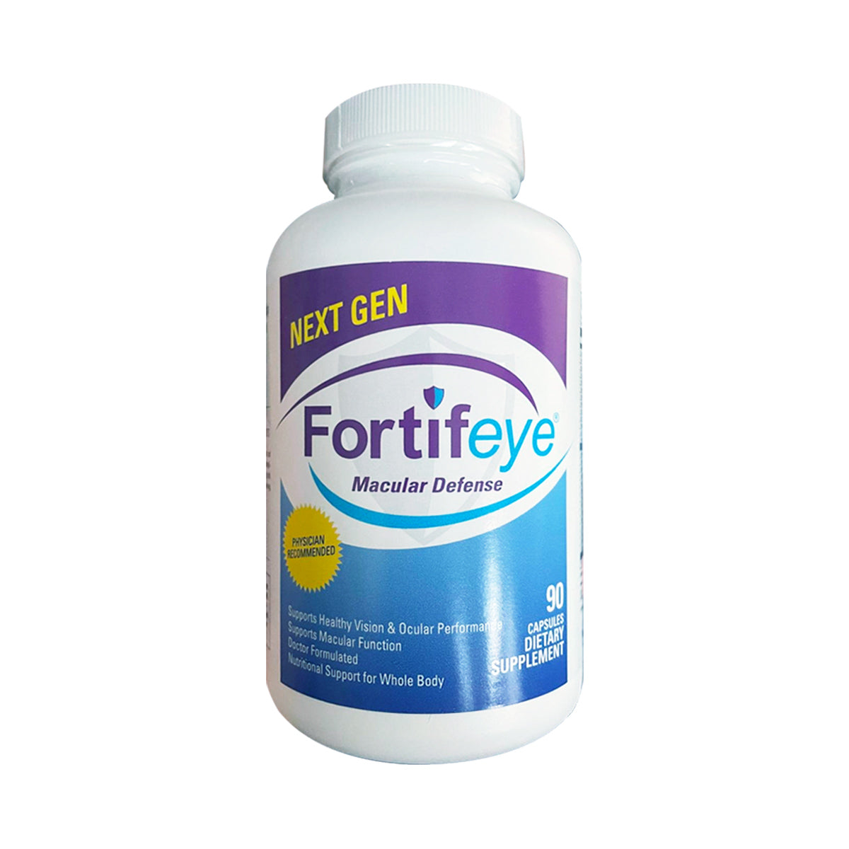 A white bottle labeled Fortifeye Next Gen Macular Defense Eye and Whole Body Support features a purple and blue design with Next Gen in bold yellow. It offers 90 capsules designed to boost eye health and enhance ocular performance.