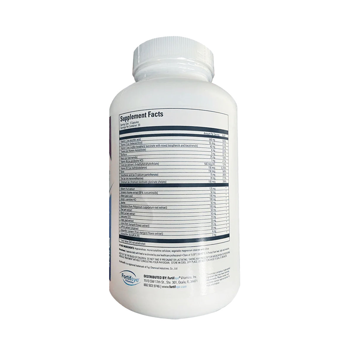 A white plastic bottle featuring a detailed supplement facts label highlights Fortifeye Next Gen Macular Defense (90ct - 3 Month Supply) for eye and whole body support. It lists nutrients and antioxidants per serving, maintaining a plain design with no extra branding or colors.