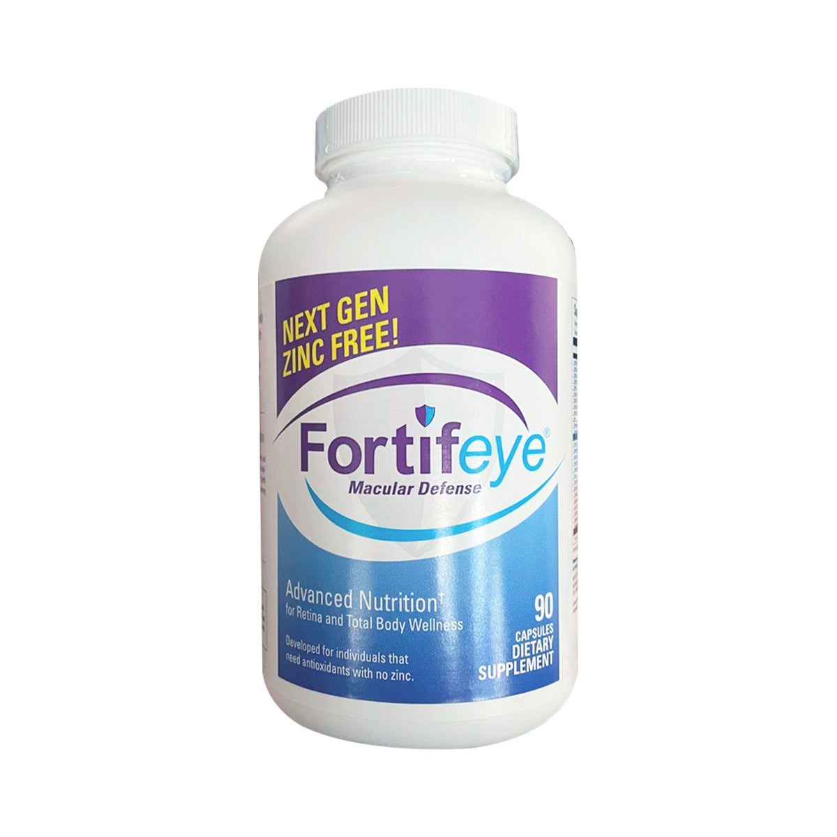 A white Fortifeye bottle with a purple label containing 90 capsules of the Next Gen Zinc-Free Macular Defense dietary supplement for eye and whole body wellness.