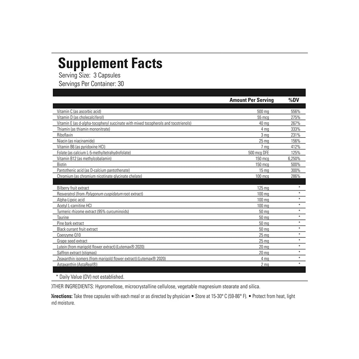 The Fortifeye Next Gen Macular Defense Eye ZINC FREE and Whole Body Support label lists a 3-capsule serving size, offers 30 servings per container, includes vitamins, minerals, botanical extracts, proprietary Eye Vitamin blend with %DV for Zinc-Free Macular Defense plus other ingredients and storage instructions.