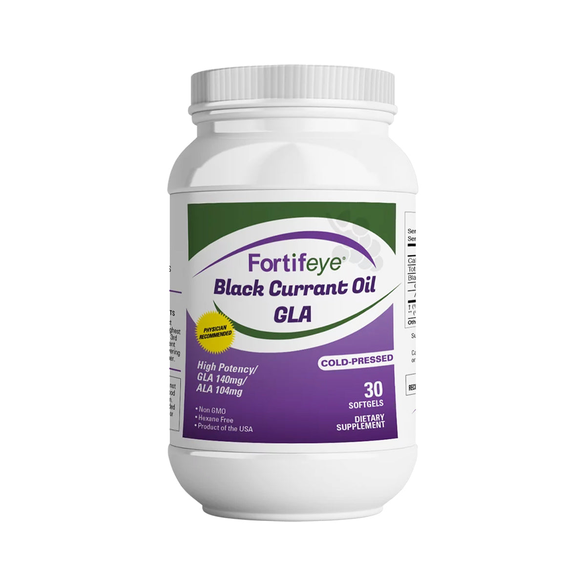 The Fortifeye Black Currant Seed Oil-GLA bottle is white and highlights High Potency GLA 140mg and ALA 140mg. It is No GMOs, Cold-Pressed, and acts as a dietary supplement for dry eye relief, containing 30 softgels rich in gamma-linolenic acid.