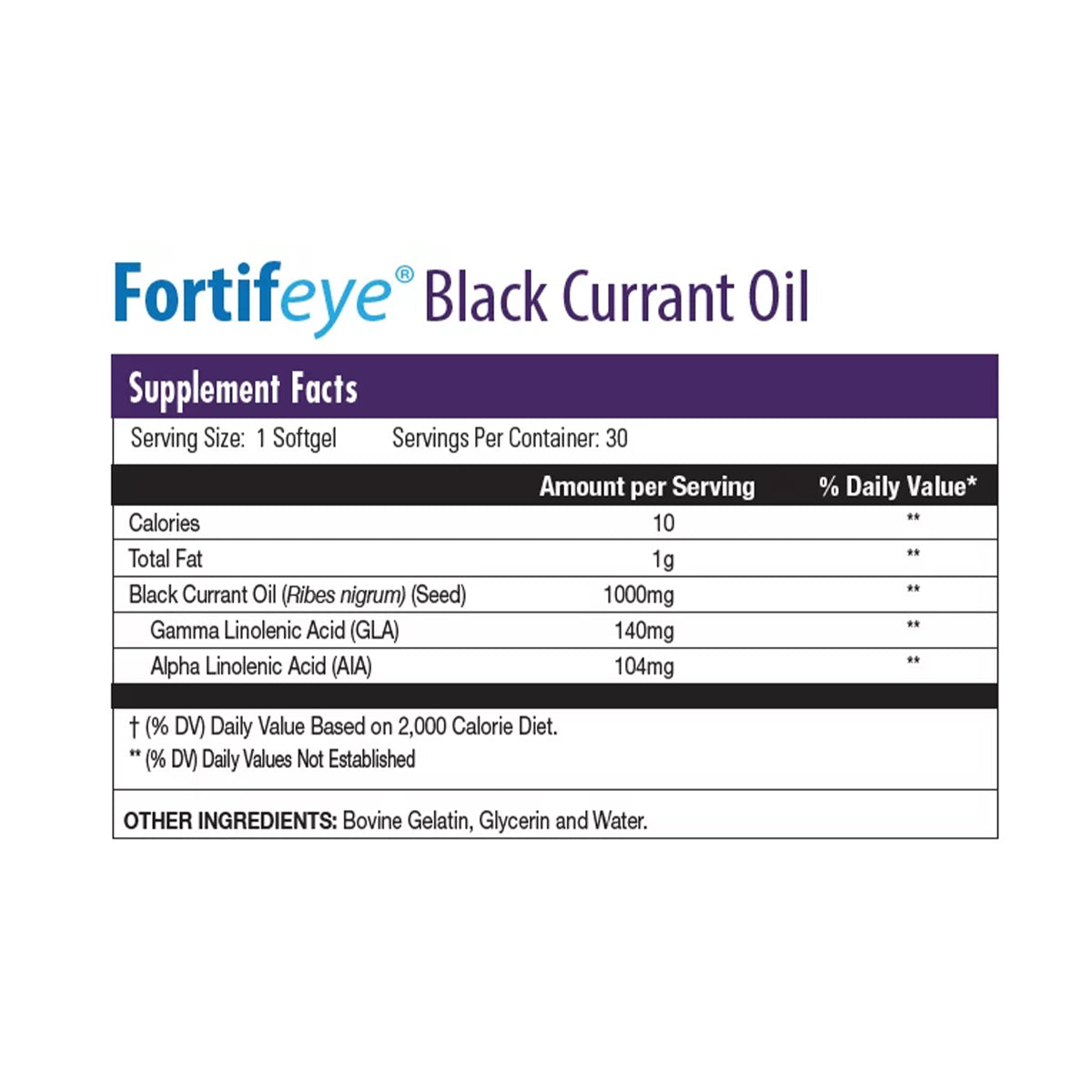 Label for Fortifeye Black Currant Seed Oil-GLA: Each serving is 10 calories, including 1000mg of black currant seed oil, a source of gamma-linolenic acid. Supports dry eye relief and contains bovine gelatin, glycerin, and water.