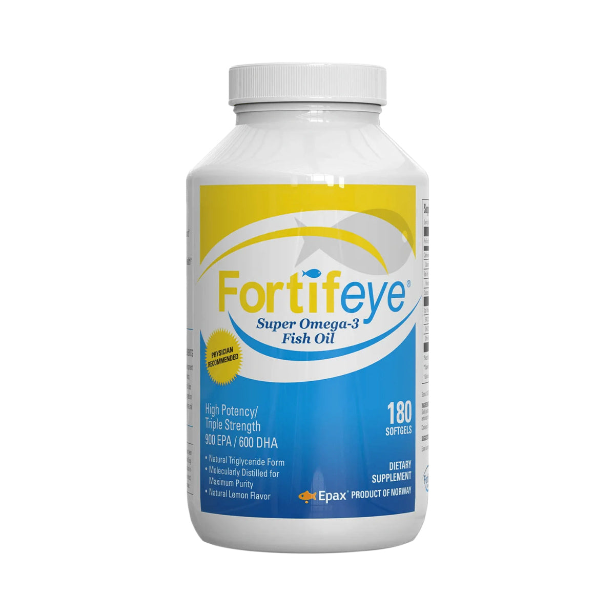 Fortifeye Super Omega-3 Fish Oil (180ct 3 Month Supply) by Fortifeye contains triple-strength softgels with 900 EPA/600 DHA in natural triglyceride form, lemon-flavored, formulated for heart health, and is a premium Norwegian product by Epax.