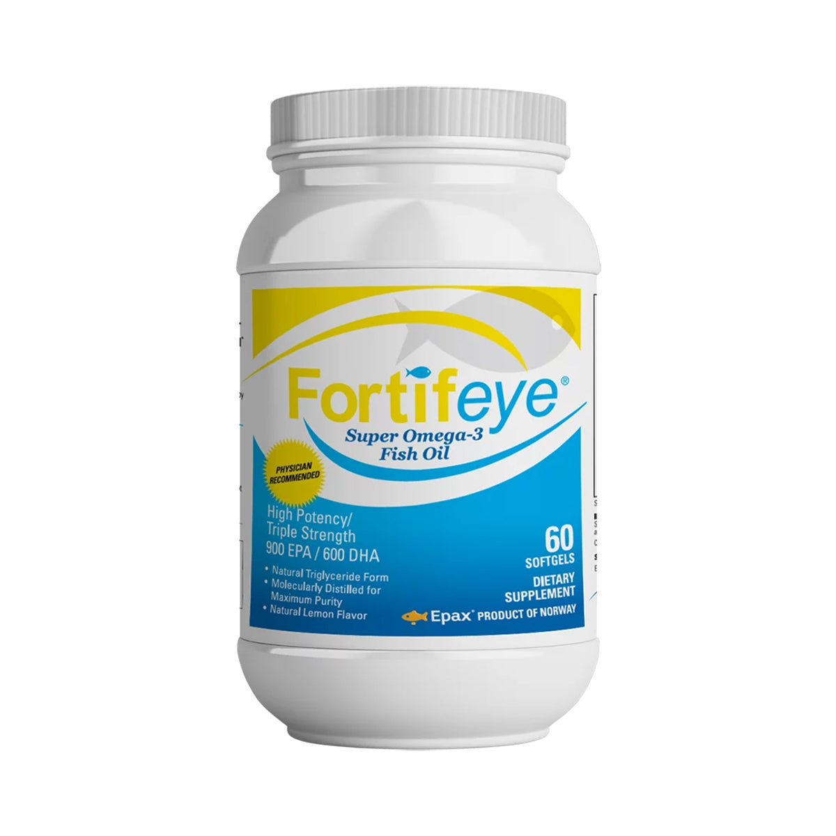 Fortifeye Super Omega-3 Fish Oil Omegas is a premium supplement from Fortifeye, supporting heart and brain health. It comes in a white plastic bottle with 60 softgels, enriched with 900 EPA and 600 DHA, featuring a natural lemon flavor, and crafted in Norway.