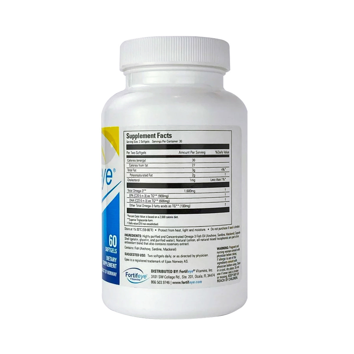 A white bottle labeled with nutrition facts indicates 60 capsules of Fortifeye Super Omega-3 Fish Oil Omegas, containing Vitamin B12, Folate, and Omega Three for brain and heart health. Visit fortify.com as shown at the bottom of the label.