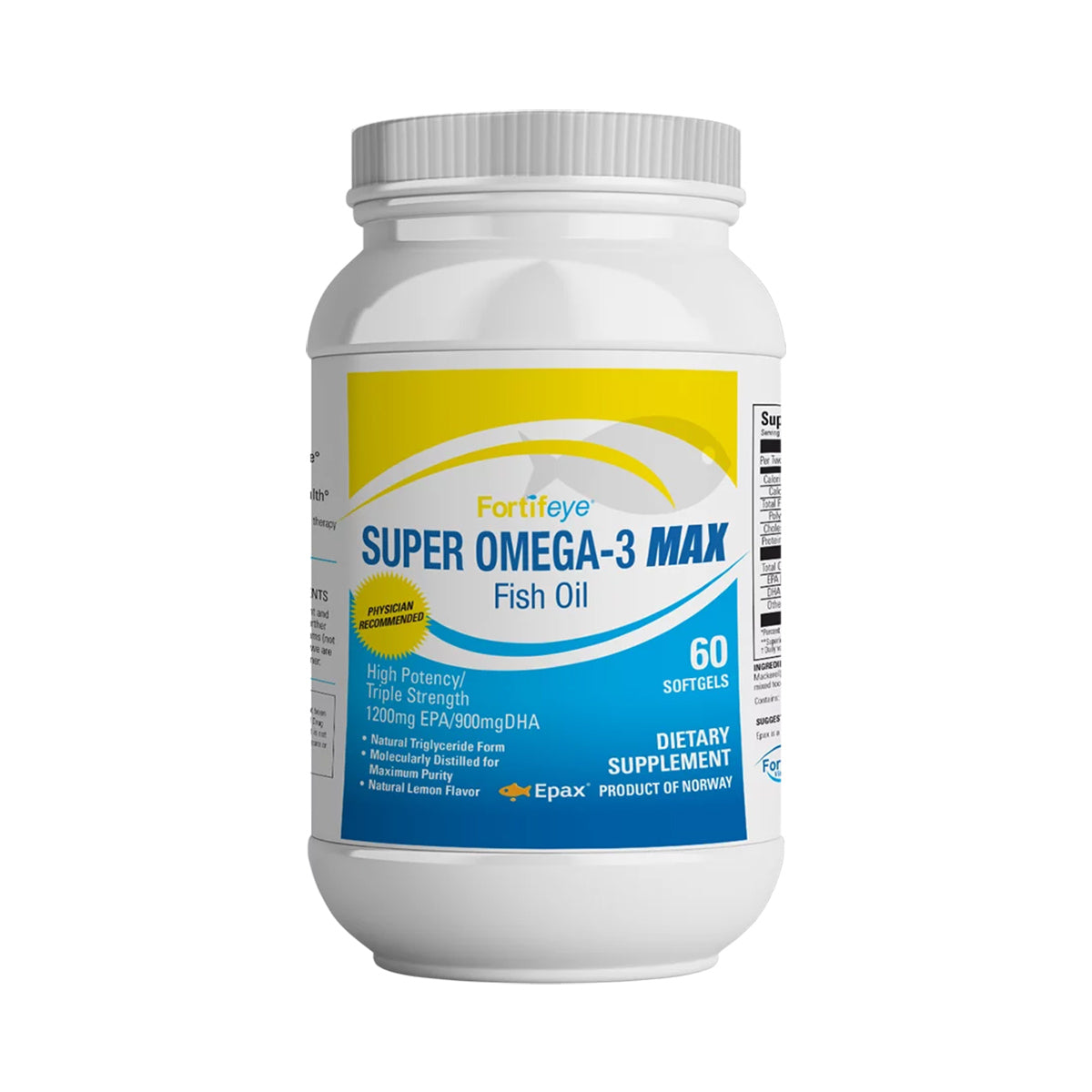 The Fortifeye Super Omega-3 Max (60ct) features 60 softgels with triple strength 1200mg EPA/900mg DHA. This Norwegian-made omega 3 supplement offers a natural lemon flavor and stands out for its potency.