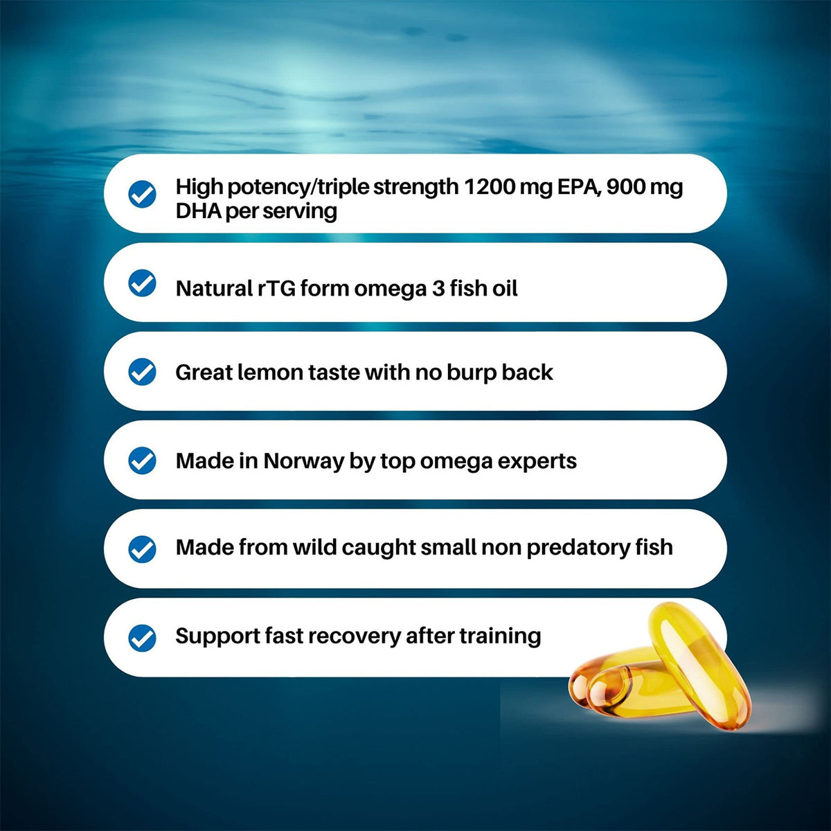 Against a dark blue gradient, the list showcases Fortifeye Super Omega-3 Maxs benefits: high potency omega-3, natural rTG form, refreshing lemon taste, made in Norway with EPA-rich wild fish for recovery support. Two yellow capsules lie at the bottom right.