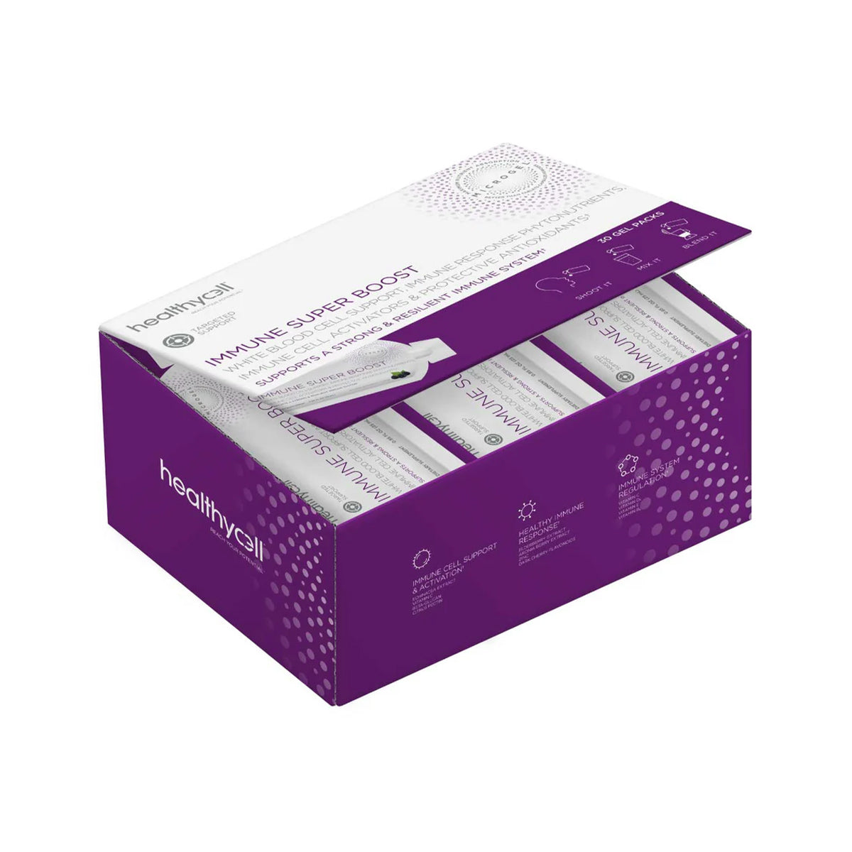 Purple HealthyCell Immune Support Boost Gel Packs box, featuring Elderberry for enhanced cell support. Contains multiple packets with white text highlighting benefits for your immune system.