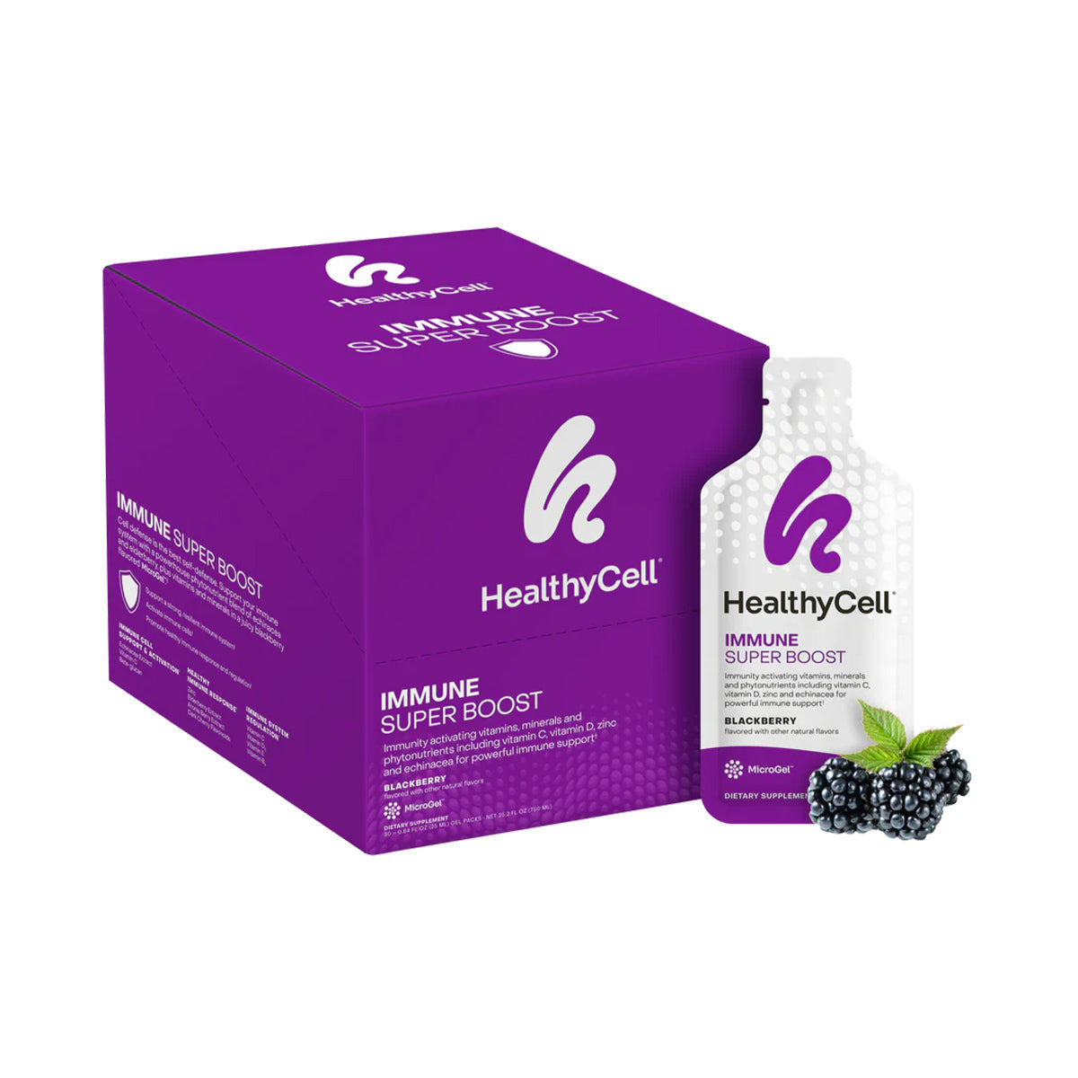 The HealthyCell Immune Support Boost Gel Packs feature a blackberry flavor with added elderberry for immune support. The purple and white packaging bears the HealthyCell logo, with blackberries artistically placed beside the sachet.