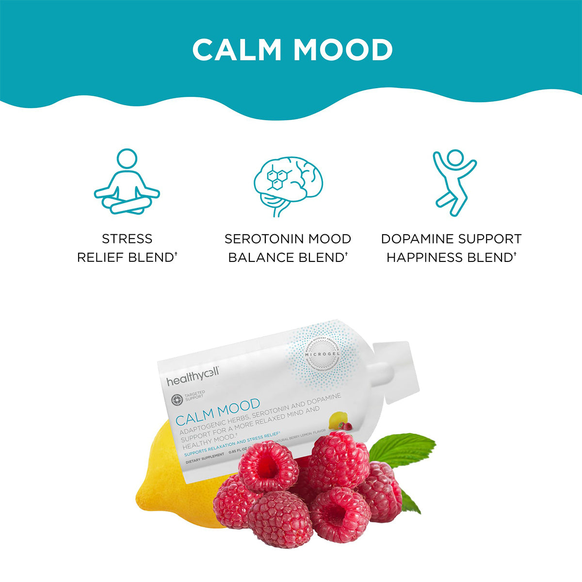 A HealthyCell Calm Mood for Relaxation and Stress Support (30ct) product image features prominently with raspberries and a lemon. Icons above highlight benefits: magnesium and ashwagandha for stress relief, serotonin mood balance, and dopamine support.