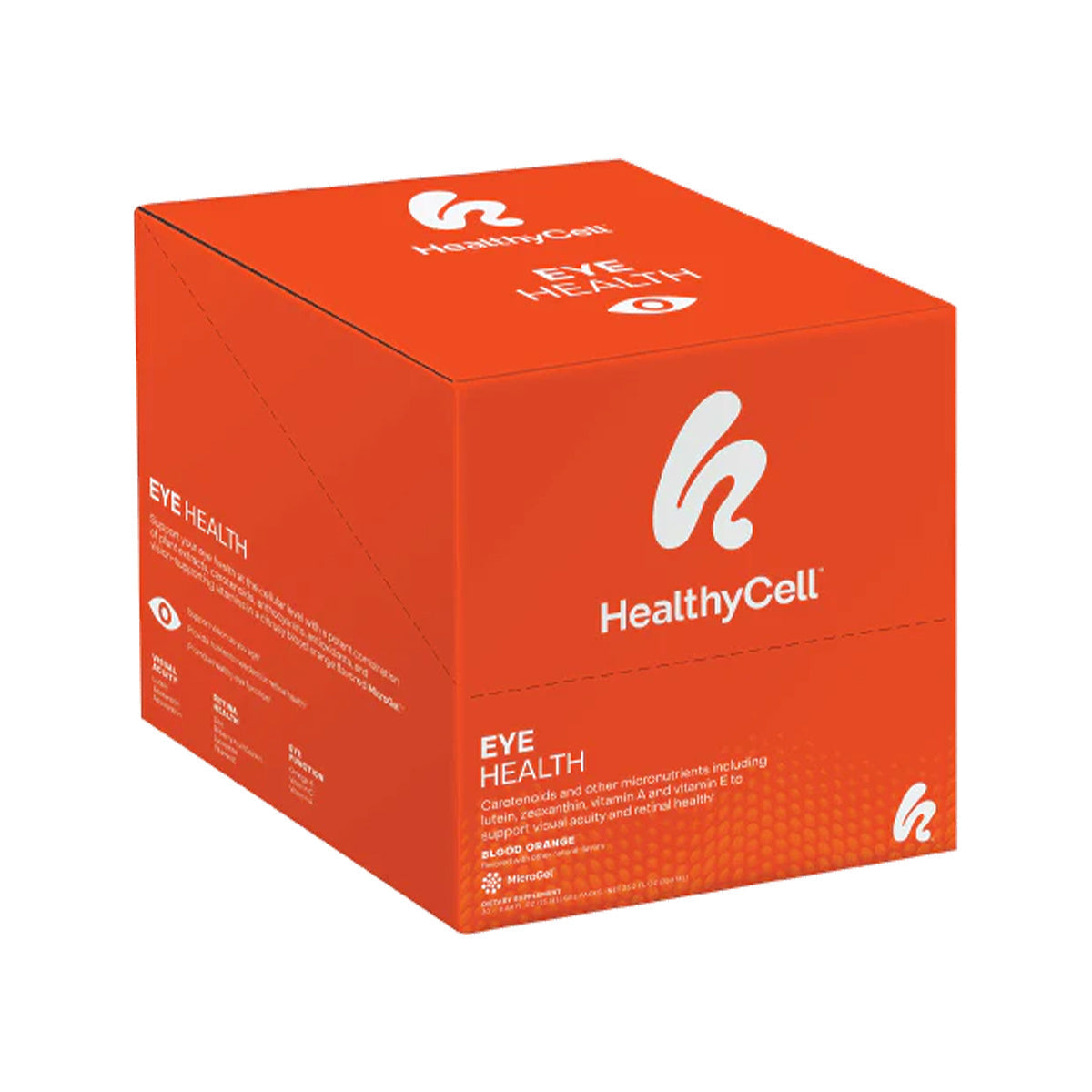 A red and orange HealthyCell Eye Health box, featuring blood orange-flavored packs, advertises ocular health benefits with lutein and zeaxanthin. The label highlights antioxidants and essential ingredients to enhance vision and well-being.