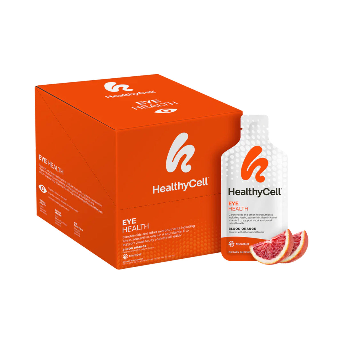 A box of HealthyCell Eye Health - Lutein and Zeaxanthin Supplement (30ct) and a single liquid pouch are shown. The predominantly orange packaging features blood orange slices. Packed with antioxidants, this product enhances visual acuity and supports eye health with essential nutrients.