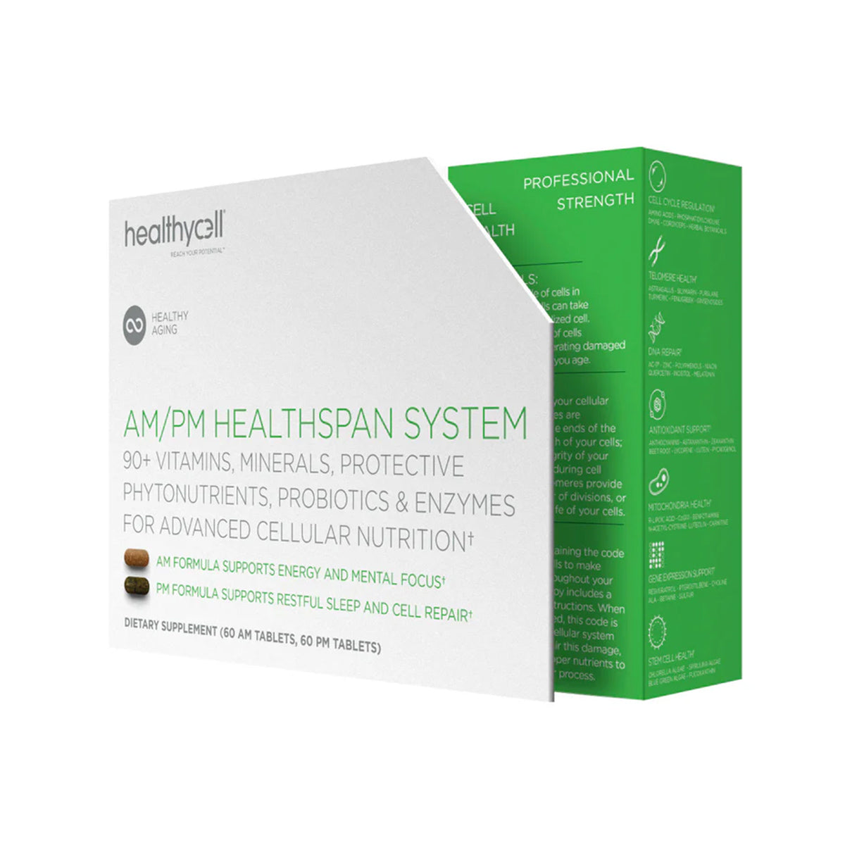 The HealthyCell AM PM Healthspan Vitamins (30-day Supply) features a sleek white and green package, emphasizing cellular nutrition with detailed benefits including vitamins, minerals, probiotics, enzymes, and cell health. The product includes 60 AM and 60 PM supplements to boost wellbeing.