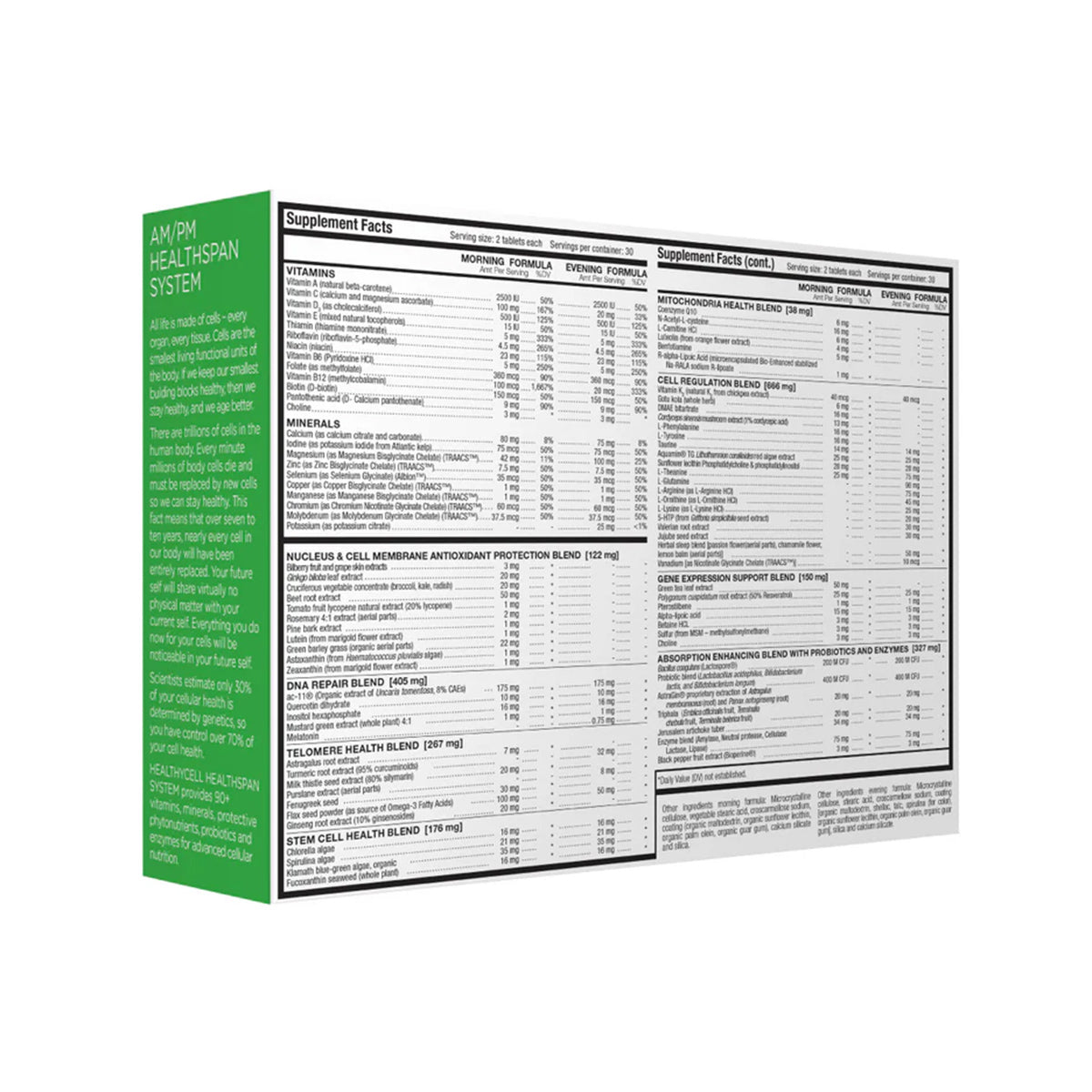 The HealthyCell AM PM Healthspan Vitamins box offers detailed nutritional info, with one green side labeled AM PM Healthspan System and a white section listing supplement facts and ingredients in black text to support optimal cell health.