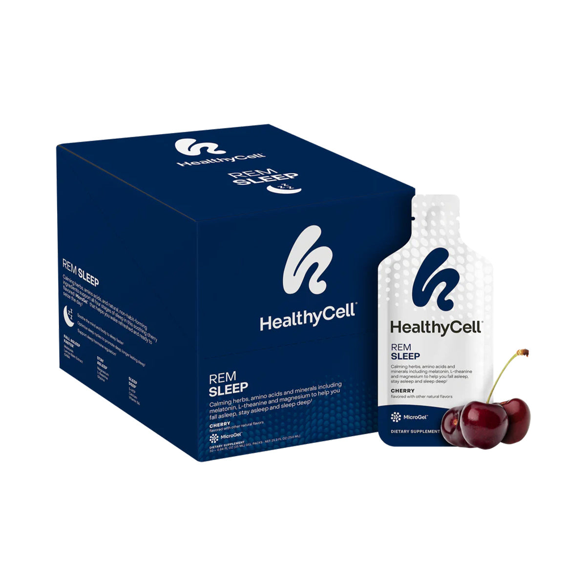 A HealthyCell REM Sleep Supplement box and packet stand upright with two cherries. The dark blue packaging features the HealthyCell logo and details, emphasizing its calming herbs to support sleep cycles.