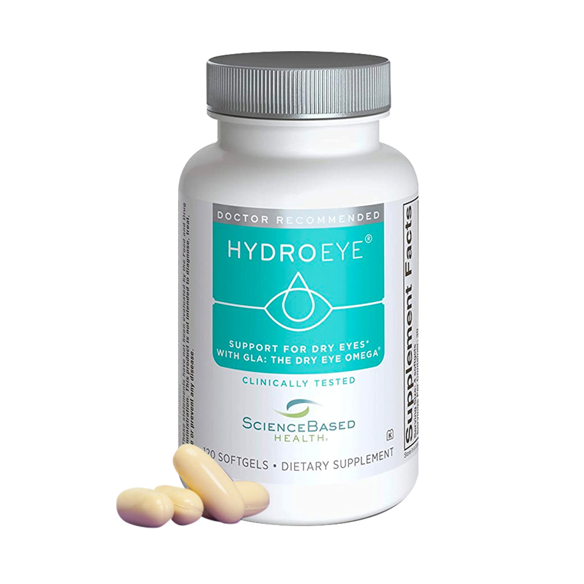 The HydroEye Softgels Formula by ScienceBased Health features a teal-labeled bottle with support for dry eyes and doctor recommended. Enriched with Omega-3, it aids tear production. The image shows the 120-count bottle with three softgel capsules beside it.