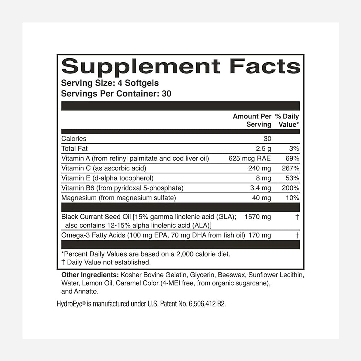 The HydroEye Softgels Formula by ScienceBased Health, a 120ct monthly supply, lists its serving size as 4 softgels with calories and fat. It contains vitamins A, C, E, B6, magnesium, black currant seed oil, Omega-3s for tear support, and soy lecithin.