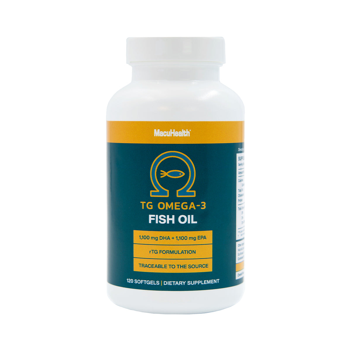 A white bottle labeled MacuHealth Omega 3 Fish Oil features a teal and yellow design with re-esterified triglyceride. It provides 1,100 mg DHA and 1,000 mg EPA per serving for better absorption, includes 120 softgels as a dietary supplement, and emphasizes environmental sustainability.