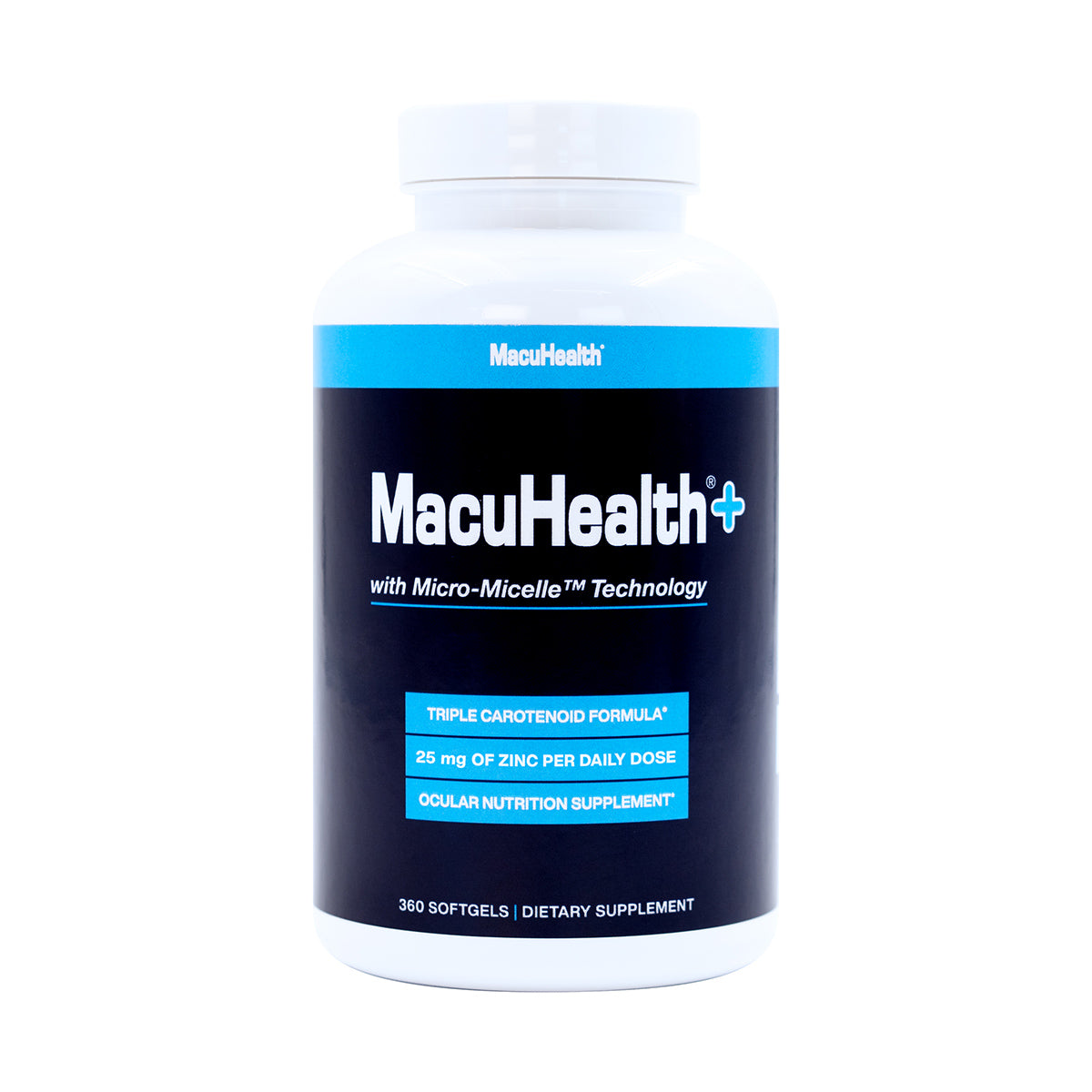 MacuHealth Plus+ Eye Supplement for Adults, featuring Micro-Micelle™ Technology and Triple Carotenoid Formula, contains Meso-Zeaxanthin, Lutein, Zeaxanthin, and 25 mg of Zinc per dose. This AREDS2-based blend for macular degeneration offers 360 softgels for superior ocular nutrition.