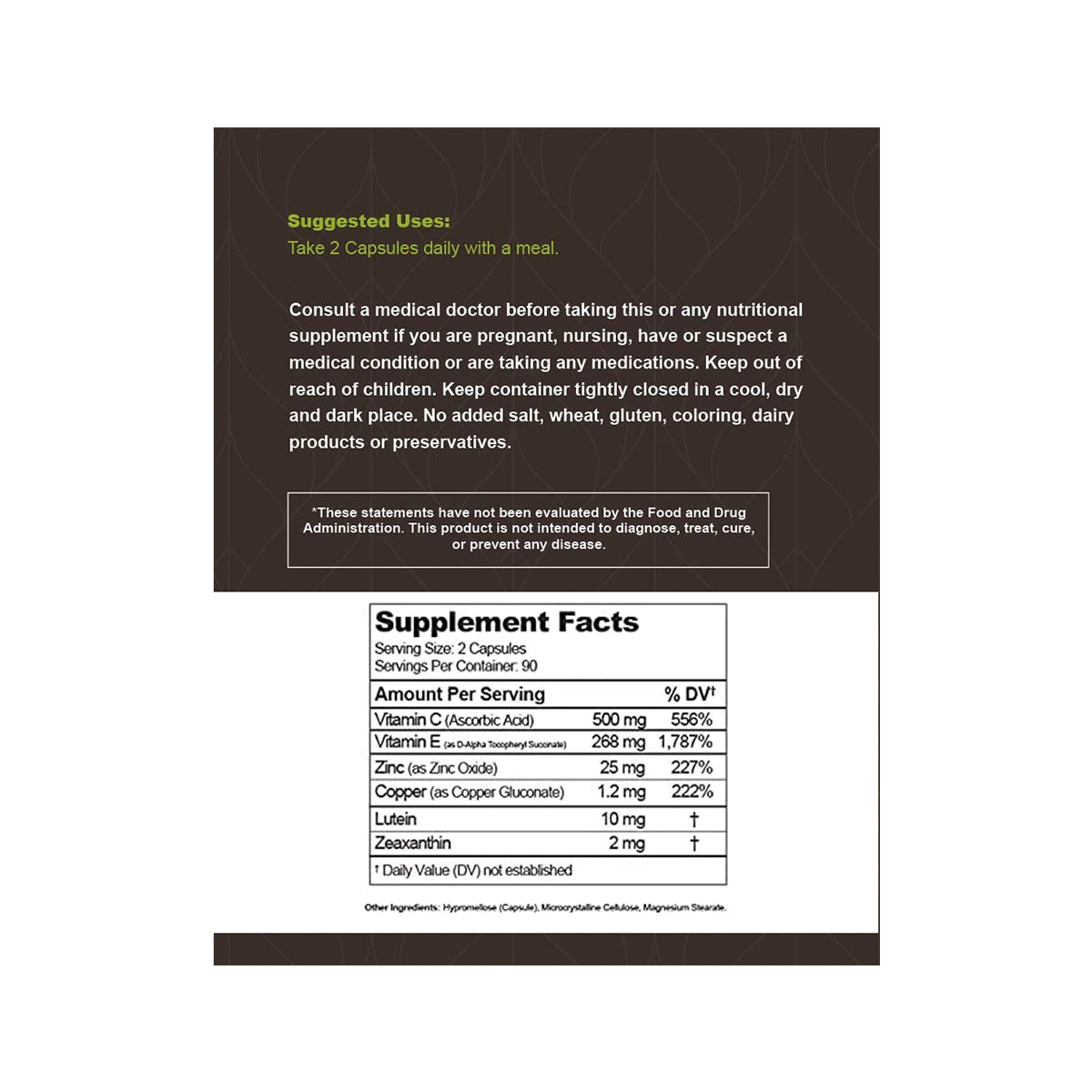 The Lunovus Visual Advantage Macular Support Formula, AREDS 2, suggests taking two capsules daily with meals. If pregnant or nursing, consult a doctor. Includes vitamin C, zinc, and lutein for eye health and AMD support.