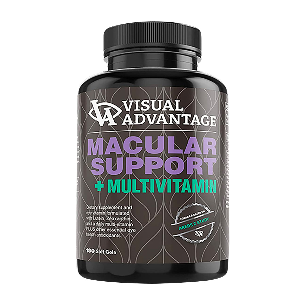 Lunovus offers the Visual Advantage Macular Support + Multivitamin AREDS 2, featuring a dark design with purple and white text. This 180 soft gel supplement supports eye health with lutein, zeaxanthin, and essential vitamins per the AREDS 2 formula.