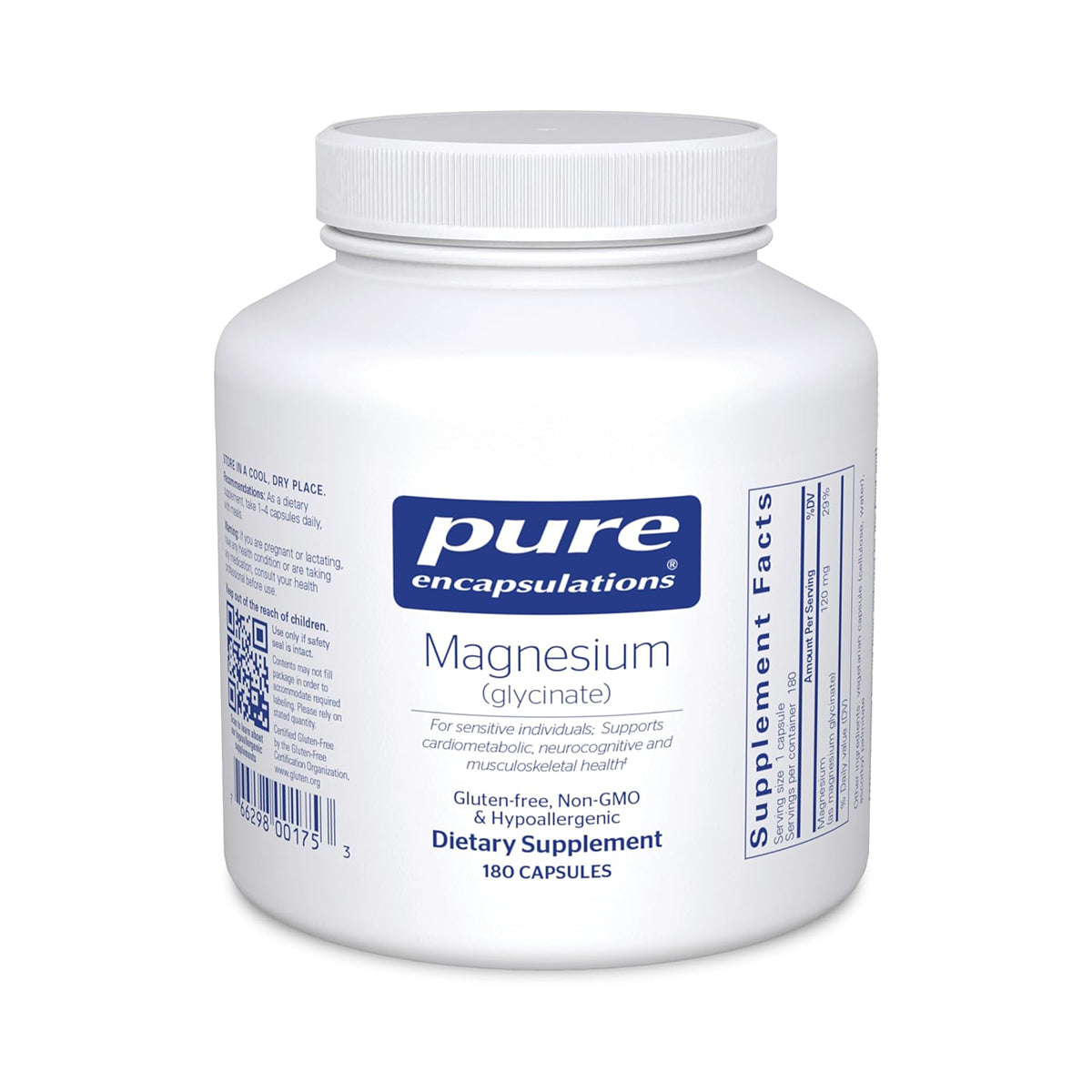 Pure Encapsulations Magnesium (Glycinate) 180ct bottle, supporting cardiovascular health, is hypoallergenic, gluten-free, and non-GMO.