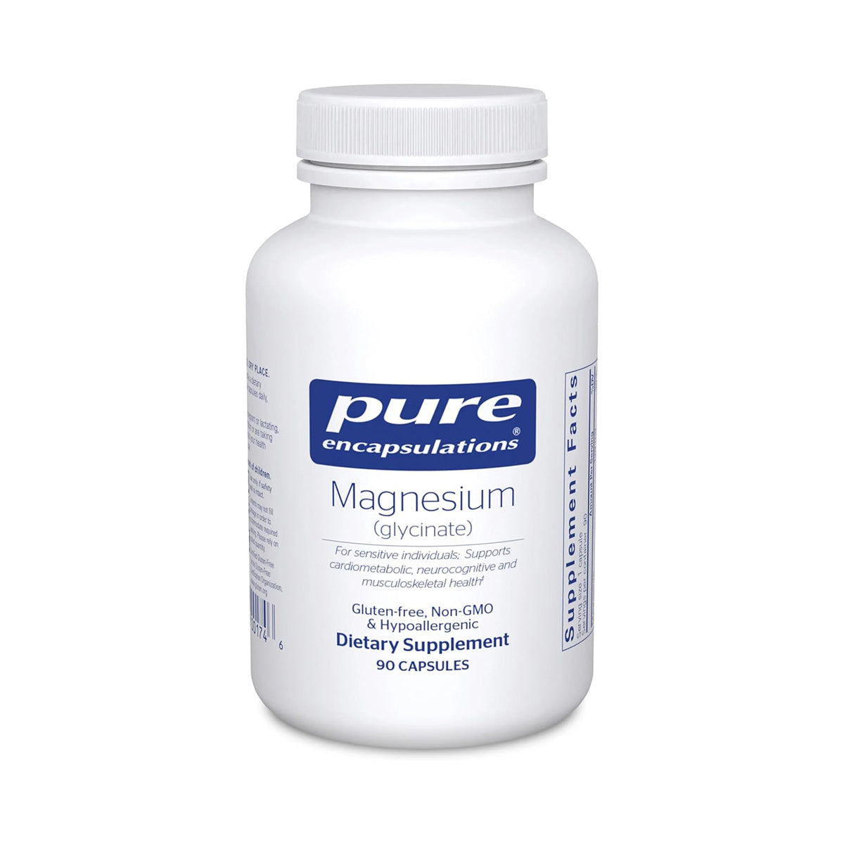 A white bottle labeled Pure Encapsulations Magnesium (Glycinate) contains 90 capsules. It highlights being gluten-free, non-GMO, and hypoallergenic while supporting cardiometabolic, neurocognitive, musculoskeletal health and promoting neuromuscular balance.