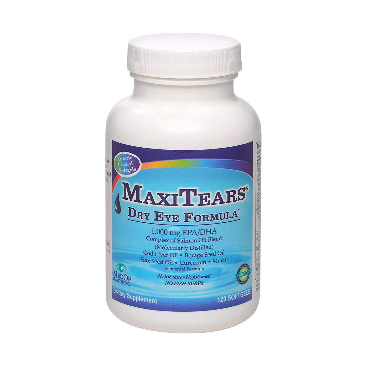 The Lunovus MedOp MaxiTears Eye Formula includes 120 softgels in a 30-day supply, featuring an Omega-rich blend of EPA/DHA, salmon oil, and flaxseed oil to support eye health and relieve dry eyes as a dietary supplement.