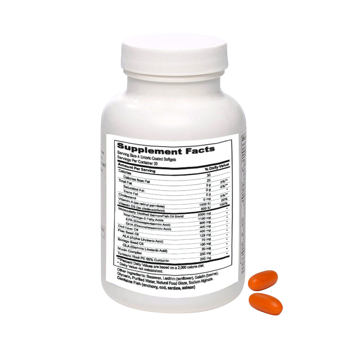 A white MedOp MaxiTears Eye Formula bottle by Lunovus, with the Supplement Facts label showing nutritional information, is accompanied by two orange softgels. Known for relieving dry eyes through Omega fatty acids, it provides a 30-day supply of 120 softgels.