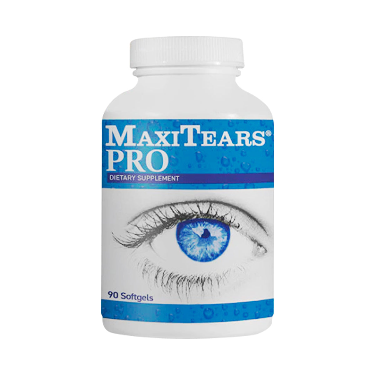 The MaxiTears PRO Eye Formula by Lunovus, featuring an eye with a blue iris and waterdrop graphics on the label, comes in a bottle of 120 softgels designed for effective dry eye relief with Omega-3 fatty acids.