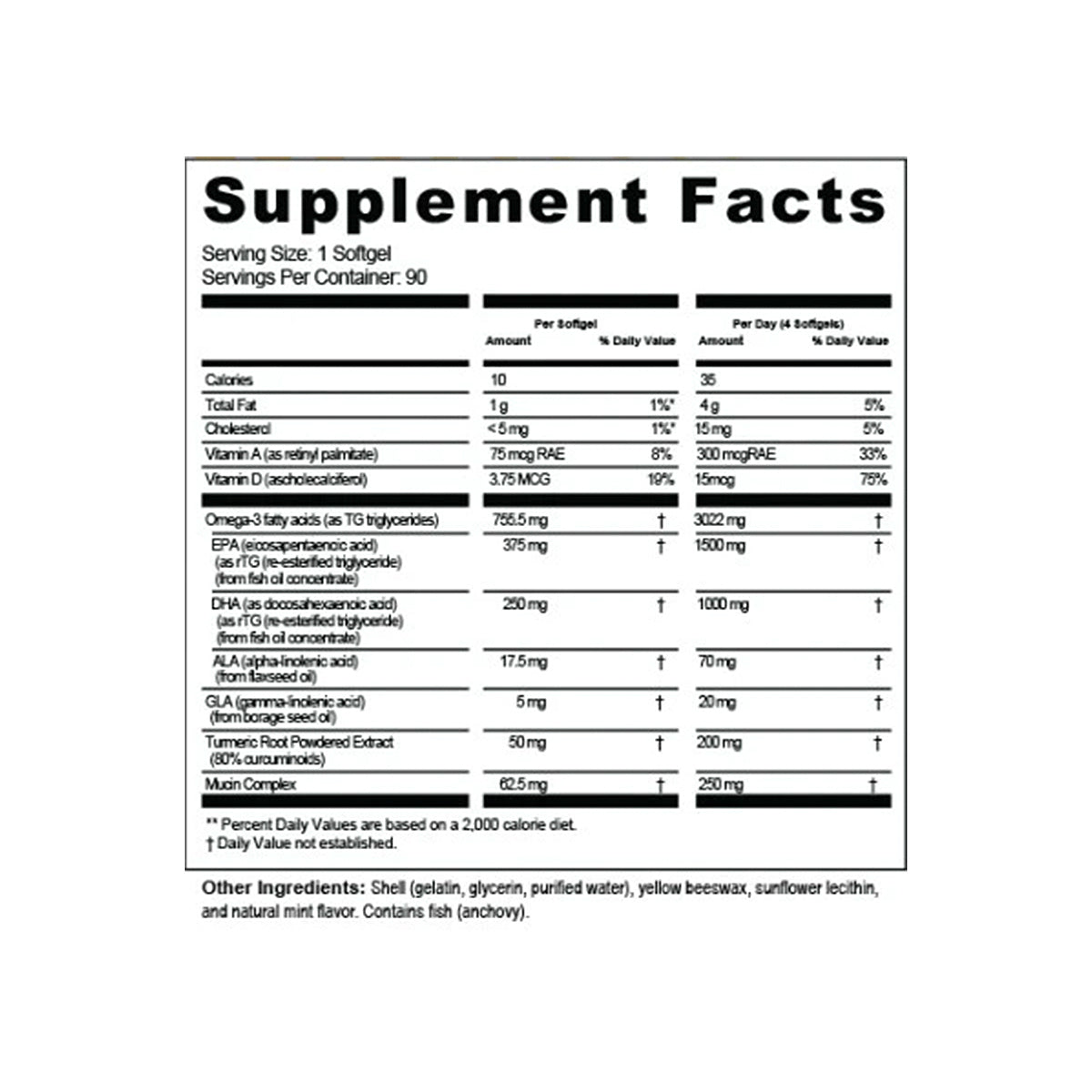 The image displays the supplement facts label for Lunovus MaxiTears PRO Eye Formula (120 softgels, 1-month supply). It outlines calories, fats, cholesterol, vitamins, saffron extract, and omega-3s per one and two softgels for dry eye relief. Additional ingredients and allergen warnings are noted.