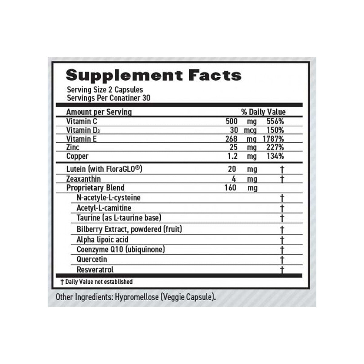 MaxiVision Ocular Formula by Lunovus offers a supplement facts label showcasing key ingredients like vitamins C, D, E, zinc, copper, lutein, and a proprietary blend with N-acetyl-L-cysteine and Coenzyme Q10 for eye health. It mirrors the AREDS 2 formula with a serving size of 2 capsules.