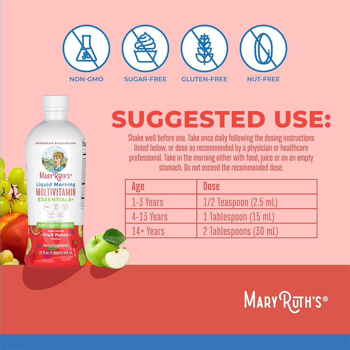 Mary Ruth's Liquid Morning Multivitamin Essentials+ - Fruit Punch (32 oz)