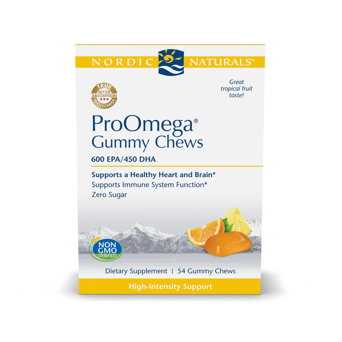 Nordic Naturals ProOmega Gummy Chews offer potent Omega-3s—600 EPA and 450 DHA—with a tropical fruit flavor to support heart, brain, and immune health. These sugar-free, non-GMO gummies are available in a 54-pack, featuring an orange slice and gummy image.