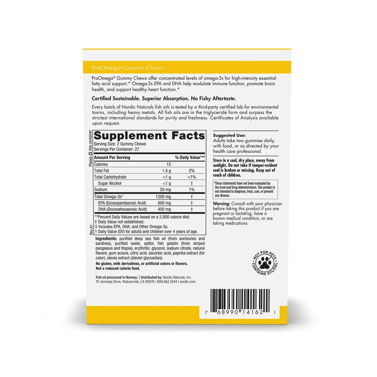 The image displays the back of a Nordic Naturals ProOmega Gummy Chews box, detailing supplement facts, serving size, and DHA/EPA omega-3 content. The 54-pack packaging is mainly white with yellow accents.