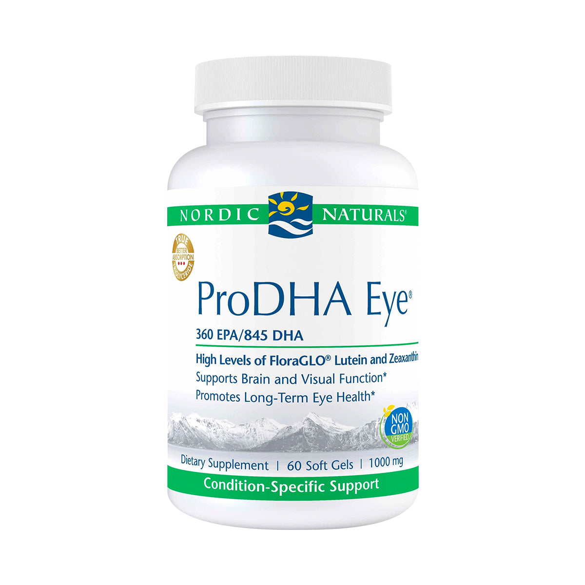 Nordic Naturals ProDHA Eye offers advanced omega-3 with FloraGLO Lutein and Zeaxanthin for vision and eye health, featuring 360 EPA/845 DHA. The white bottle contains 60 non-GMO soft gels of 1000 mg each and displays a snowy landscape image at the bottom.