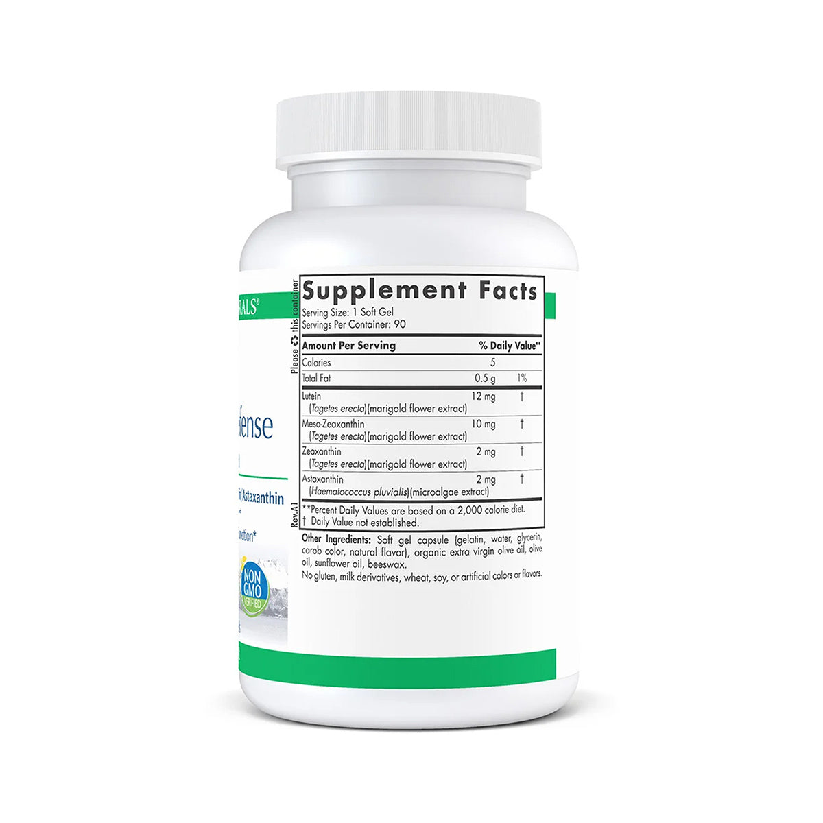 A white bottle of Nordic Naturals ProMacular Defense shows a Supplement Facts label with details like serving size and marigold flower extract, astaxanthin, and zeaxanthin. A blue Non-GMO icon is present, promoting macular health in this 90-count, 3-month supply from Nordic Naturals.