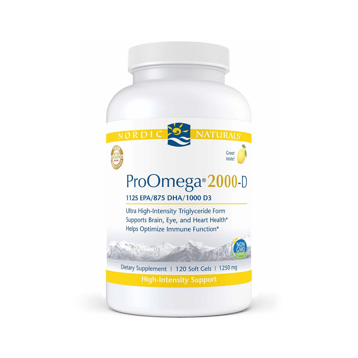 Nordic Naturals ProOmega® 2000-D is a high-potency Omega-3 supplement in a white bottle with 120 soft gels. It offers brain, eye, heart health, and immune support with 1125mg EPA, 875mg DHA, and 1000 IU Vitamin D3. Non-GMO verified and designed for eye & vision health.