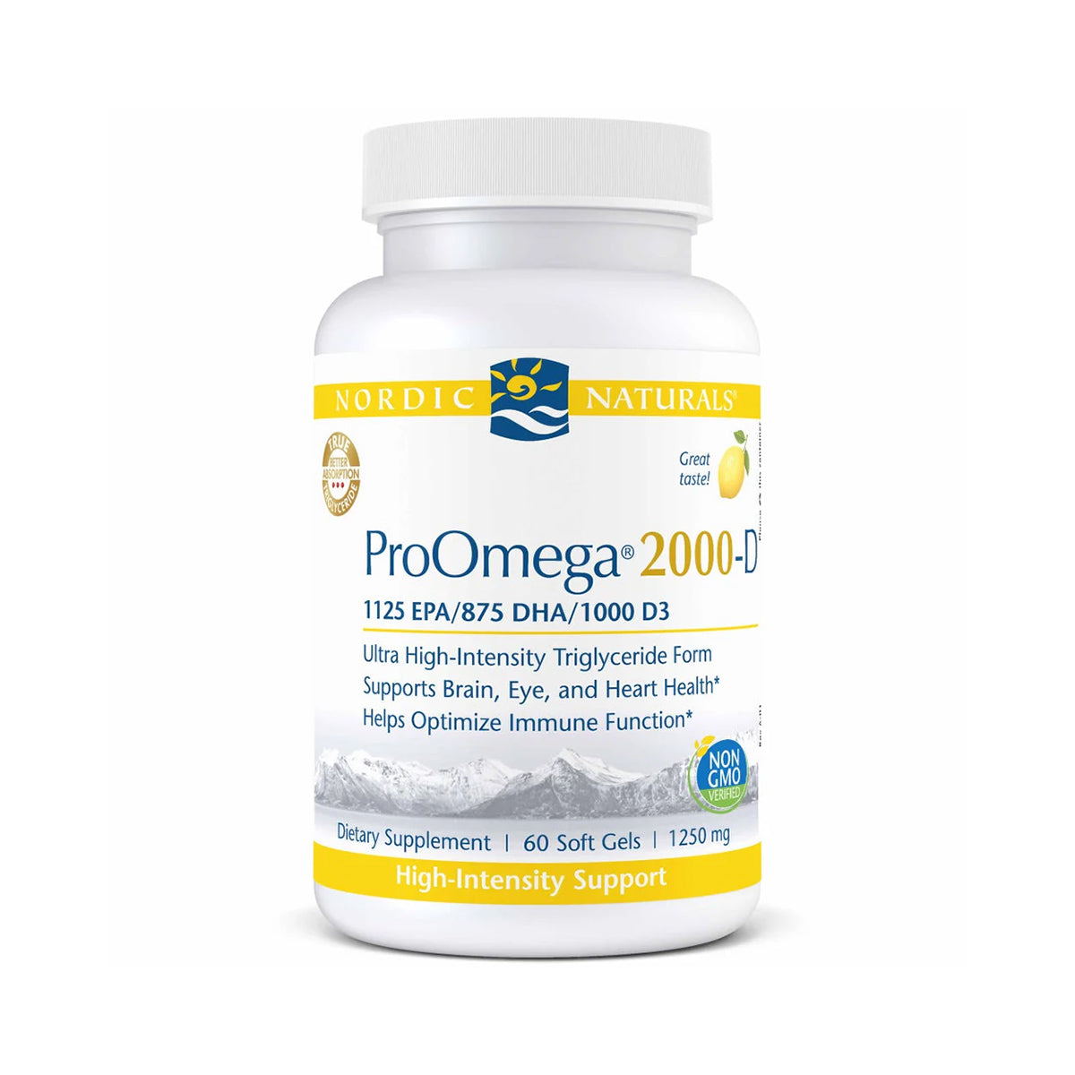 A white bottle of Nordic Naturals ProOmega® 2000-D features a yellow fish icon and snow-capped mountains on the label, emphasizing Omega-3 and Vitamin D3 benefits for brain, eye, and heart health. Includes 60 non-GMO soft gels, each 1250 mg.