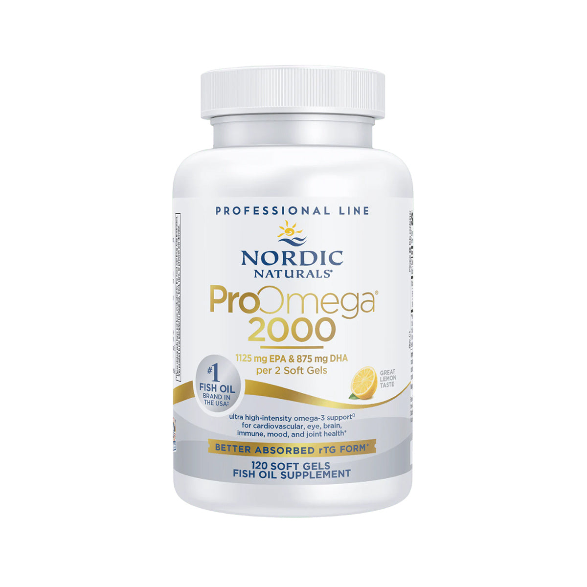 The Nordic Naturals ProOmega 2000, Lemon Flavor, contains 120 soft gels with 1125 mg EPA and 875 mg DHA per two soft gels. Its Better Absorbed Triglyceride Form supports ocular health, and the travel-friendly lemon flavor enhances each ultra high-potency dose of this 2150 mg omega-3 fish oil.